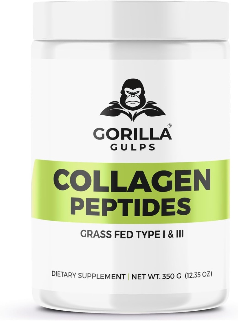Gorilla Gulps • 124; Hydrolyzed Collagen • Peptider • 124; Grass Fed Type I & III • 124; Alle naturlige, non- GMO, hormon fri, Gluten fri, laktose fri • 124; Lavet i USA • 124; 3. part testet