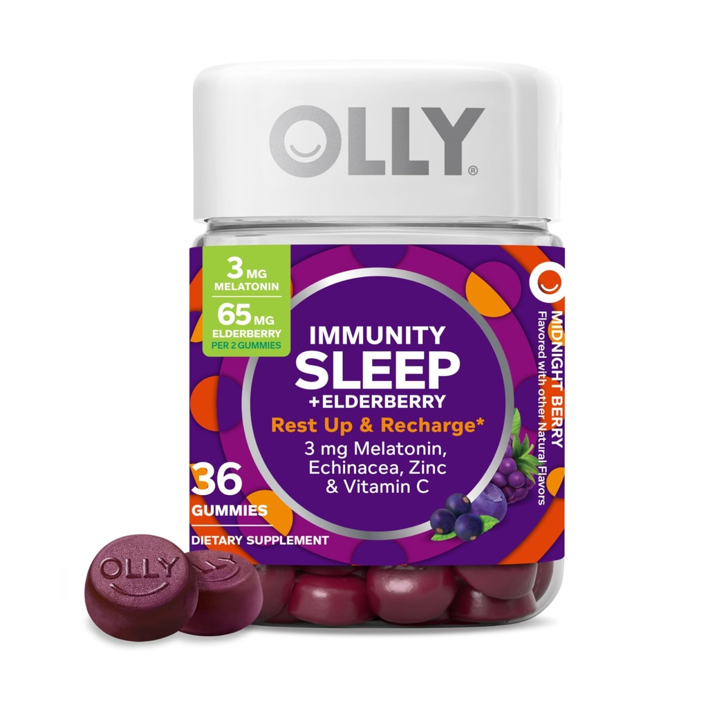 OLLY Sleep Immunity Melatonin Gummy, C-vitamin, zink, Echinacea, 3 mg Melatonin, immun og dvalestøtte, Berry - 36