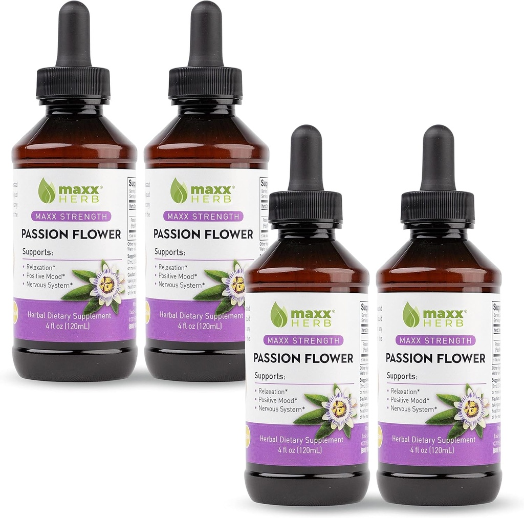 Maxx Herb Passion Flower Extract - Max Strength Passion -Flower Liquid Absorbs Bedre end kapsler, for afslapning og stress Relief, Alkoholfri - 4 flasker, 4 Oz Hver (240 Servere)