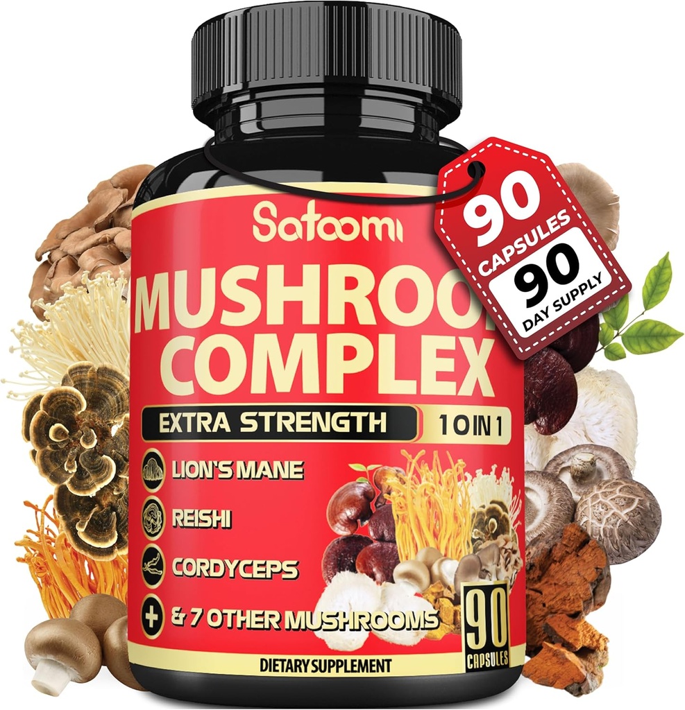 Satoomi 10in1 Mushroom Supplement Complex - Lions Mane, Cordyceps, Reishi, Chaga - Brain Supplements for Memory and Focus - 3 måneders forsyning