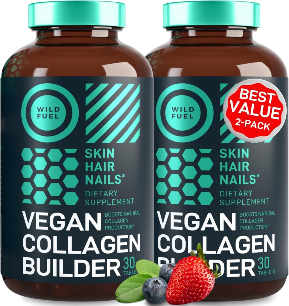Vegan Collagen Booster Tablets - Cruelty- Free Vegan Collagen Kosttilskud - Biotin, Organic Superfood, Plant baserede Collagen Vitaminer til hud, hår, negle - 2 - Pack, 60 Vegetri Collagen Boost piller