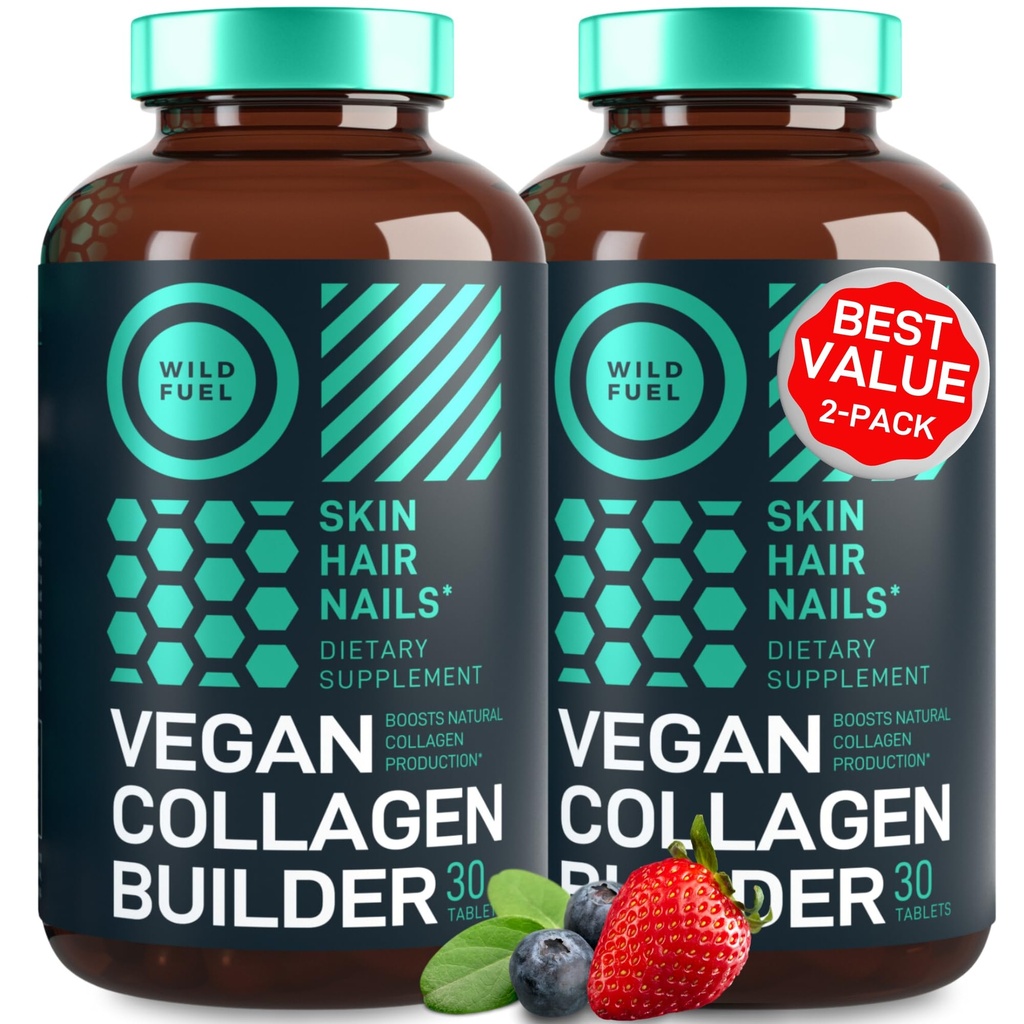 Vegan Collagen Booster Tablets - Cruelty- Free Vegan Collagen Kosttilskud - Biotin, Organic Superfood, Plant baserede Collagen Vitaminer til hud, hår, negle - 2 - Pack, 60 Vegetri Collagen Boost piller
