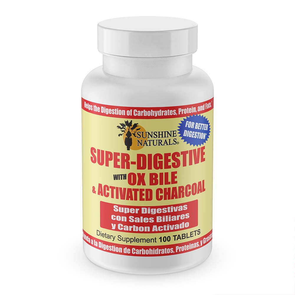 Sunshine Naturals Super fordøjelsestillæg. Ox Bile & Aktiveret kul til fordøjelsesstøtte, Bloating Relief, Gut Cleanse, Nutrient Absorption, og fremmer samlet wellness. 100 tabletter.