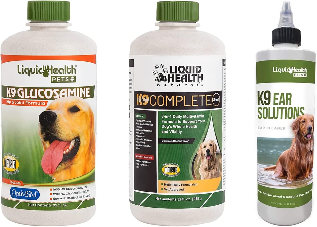 LIQUIDHealth Kæledyr K9 Glucosamin Hip & Joint Formel, K9 Ear Vask Rengøring løsning, & K9 Komplet 8-in-1 hund Multivitamin - Pet Vitamin Bundle til fælles sundhed, mobilitet, immunforsvar - Made in USA