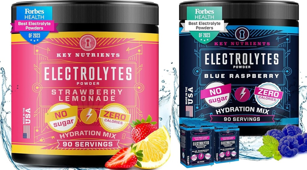 KEY NETRIENSER Elektrolyter Powder Ultimate Hydration & Wellness Bundle - Juicy Strawberry Lemonade & Sweet Blue Raspberry Electrolyte Powders - Zero Sugar, Keto- Friendly, 90 Servering hver