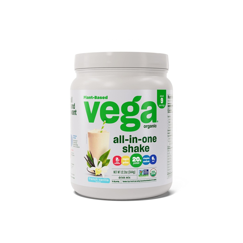 Vega Organic All- in- One Vegan Protein Powder, Fransk Vanilla -Superfood Ingredienser, Vitaminer for Immunitet Support, Keto Friendly, Pea Protein for Women & Men, 12,2 oz (Packaging May Vary)