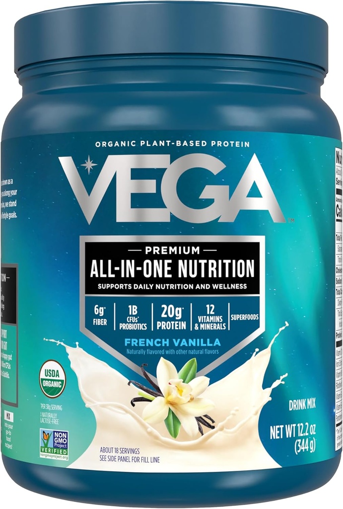 Vega Organic All- in- One Vegan Protein Powder, Fransk Vanilla -Superfood Ingredienser, Vitaminer for Immunitet Support, Keto Friendly, Pea Protein for Women & Men, 12,2 oz (Packaging May Vary)