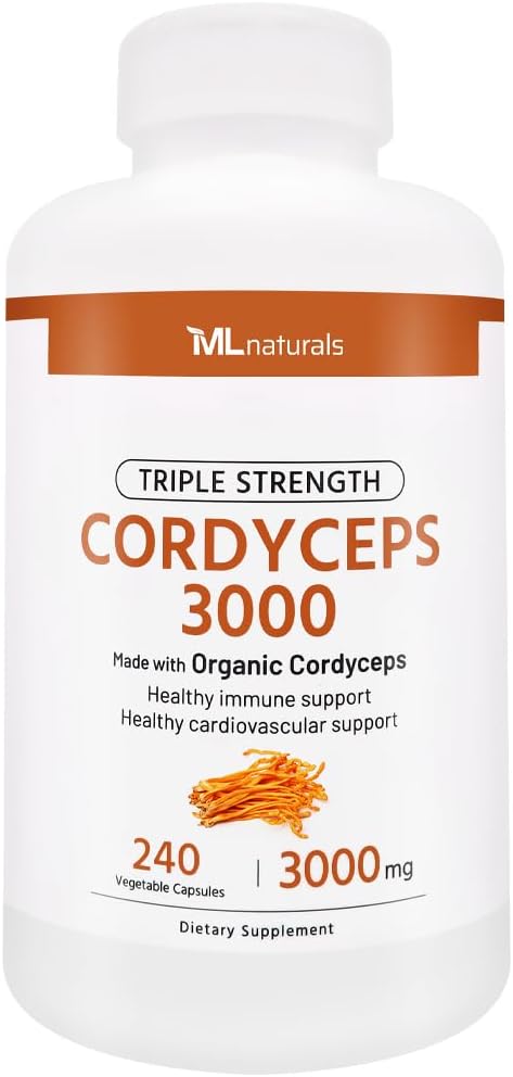 ML Naturals Triple Strength Cordyceps 3000 Lavet med Organic Cordyceps, 240 Vegetabilske kapsler. Sund immunstøtte, Non- GMO, NSF- Certified & cGMP- Compliant Third- Party Lab Testet.