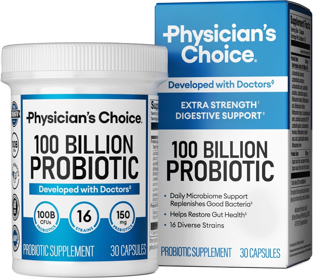 Lægens CHOICE 100 Millioner Advanced Probiotic - 16 Strops + Organic Prebiotics - Fordøjelse & Gut Sundhed - Understøtter lejlighedsvis Forstoppelse, Diarré, Gas & Bloating - Probiotika for kvinder og mænd