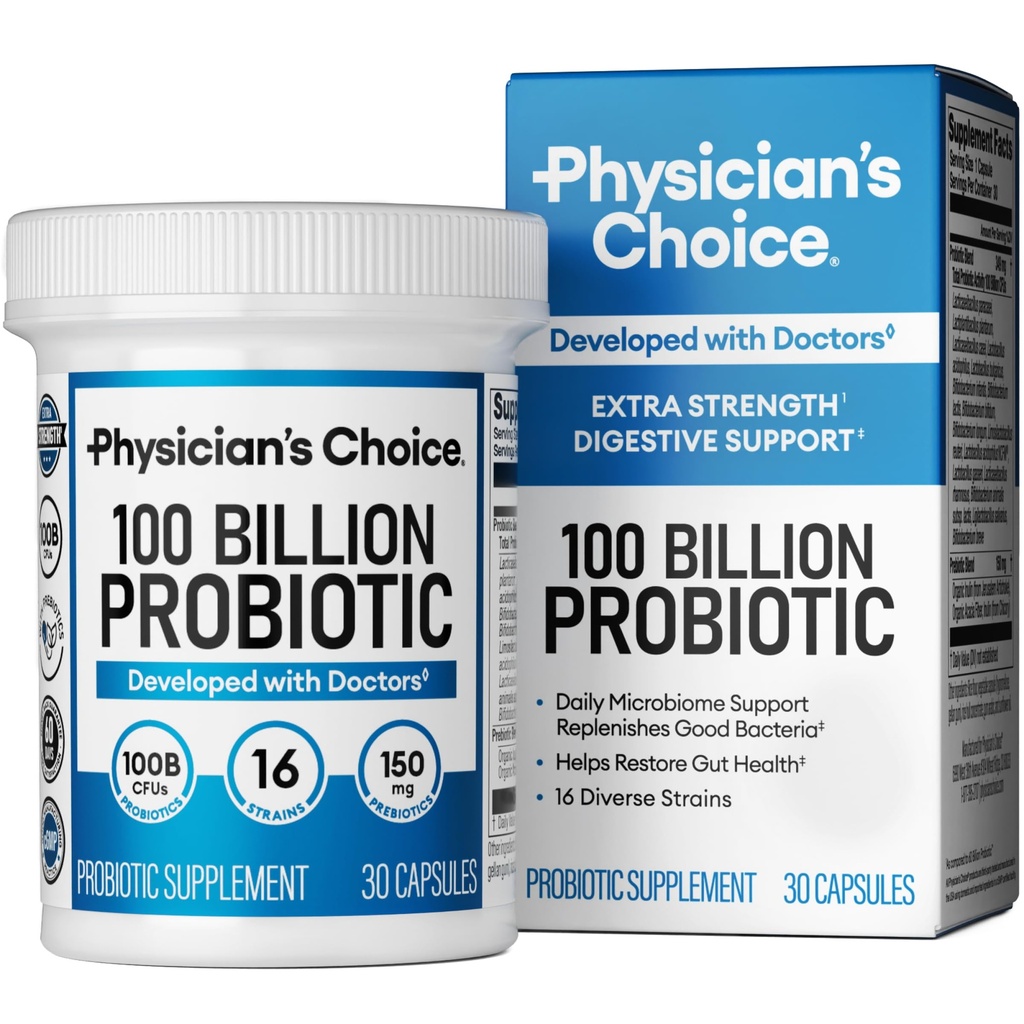 Lægens CHOICE 100 Millioner Advanced Probiotic - 16 Strops + Organic Prebiotics - Fordøjelse & Gut Sundhed - Understøtter lejlighedsvis Forstoppelse, Diarré, Gas & Bloating - Probiotika for kvinder og mænd