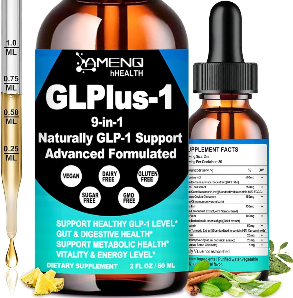 GLP-1 Supplement for kvinder og mænd, 9-in-1 naturligt GLP-1 Support w. Berberine HCI Cyelon Cinnamon Green Tea Eriocitrin, GLP1 for Gut fordøjelsesmetaboliske, GLP-1 Drops 6X stærkere end kapsler