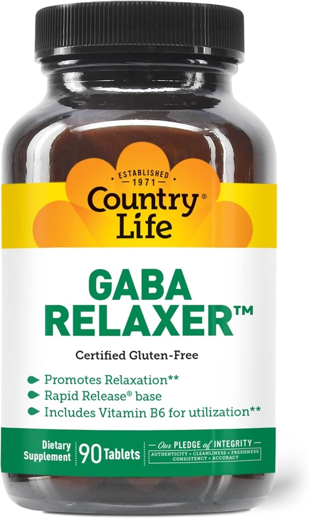 Country Life GABA Relaxer - 90 tabletter - 124; Rapid Release Formel for afslapning, Stress & Sleep Support; 124; Med GABA, Aminosyrer & B Vitaminer - 124; Certified Vegan, Gluten- Free, Non- GMO