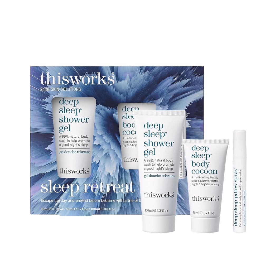 thisworks Sleep Retreat Box Gavesæt: Deep Sleep Pillow Spray, Body Fuisturizer og Bruser Gel. Rejse sæt til at fremme søvn med Lavender, Camille og Vetivert