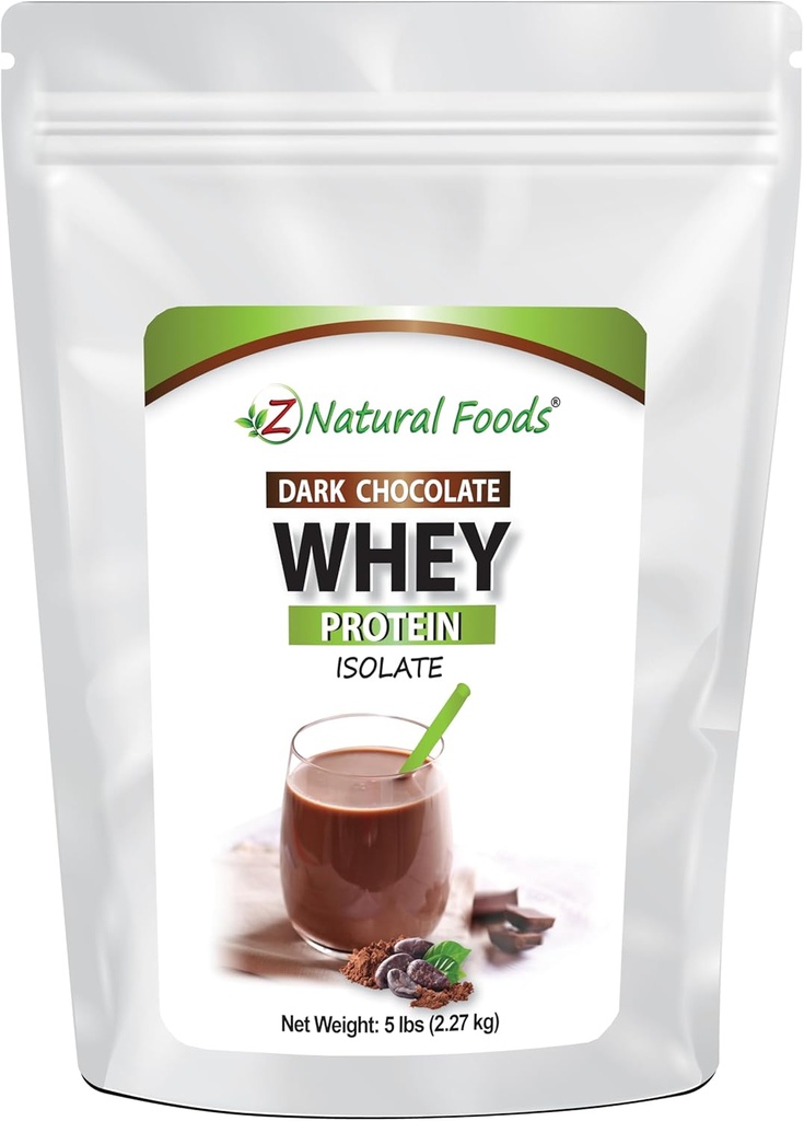 Z Naturlige fødevarer Dark Chocolate Whey Protein Isolate, Natural Protein Powder with Zero Sugar, Beriget med Vital Proteins for Energy Boost og vægttab, Gluten Free, Non- GMO, 5 lbs