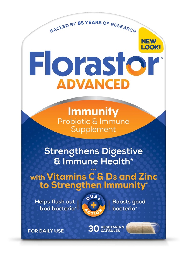 Florastor Select Immunity Boost Daglig Probiotisk & immunforsvar Support for kvinder og mænd, Saccharomyces Boulardii CNCM I- 745 Plus Zink, C-vitamin & D3 (30 kapsler)