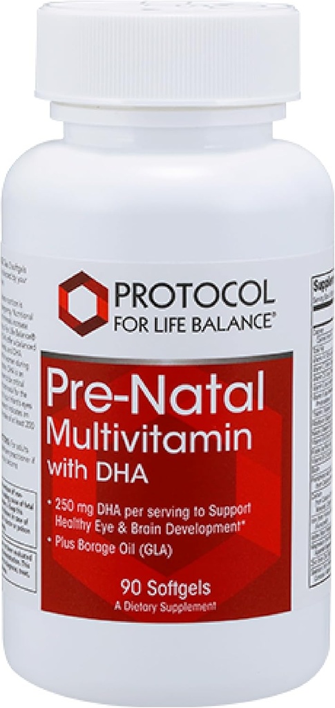 Protokol Pre- Natal Multivitamin med DHA - 250 mg DHA - til Graviditet & Amning Support * - med DHA, Calcium, kobber, B12 & C-vitamin - Halal & Dairy Free - 90 Softgels
