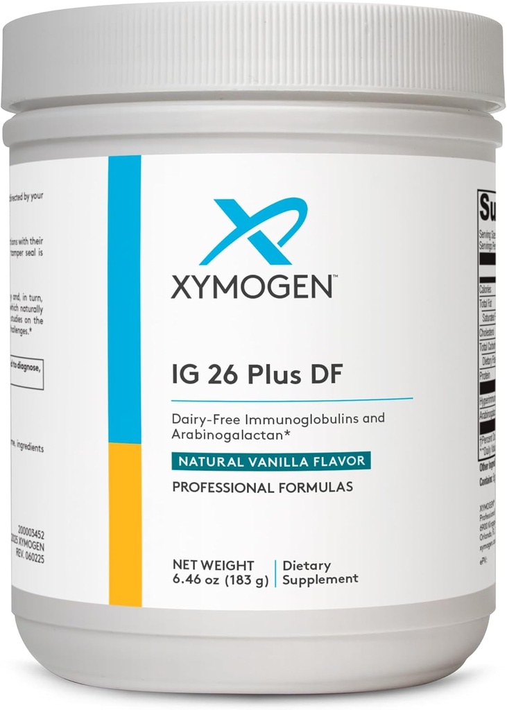 XYMOGEN IG 26 Plus DF - Dairy Free Immunoglobulin Powder + IgY Max Hyperimmunized Egg - Promoes Intestinal Health, Cytokine Balance, Muscle Performance + Recovery - Vanilla Flavor (6.46 oz)