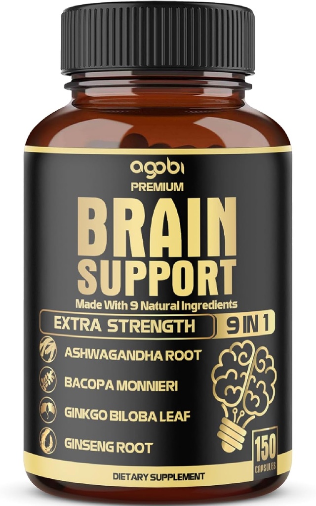 agobi 9in1 Brain Support Supplement - Blended with Ashwagandha, Panax Ginseng, Gotu Kola, Ginkgo Biloba, Black Pepper & Mere - Nøjagtighed, fokus, hukommelse og energi booster - 150 kapsler til 5 måneder