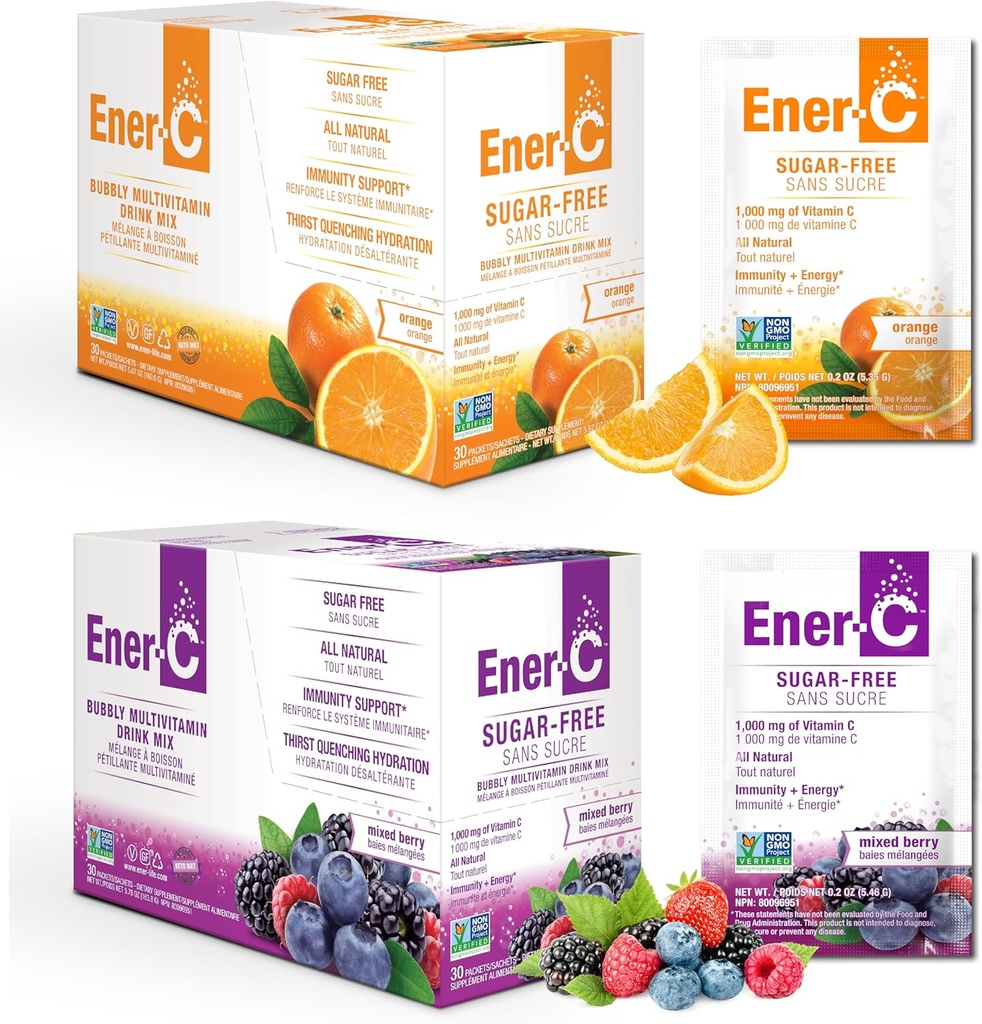 Energi- C Sukker fri Multivitamin Drink Mix - Vitamin pulver til vand, elektrolyter pulver Ingen sukker, hydrering Boost Pakninger, Zero Sugar, C-vitamin & B12 Supplement flydende mix - Orange & Berry, 60 Tæl