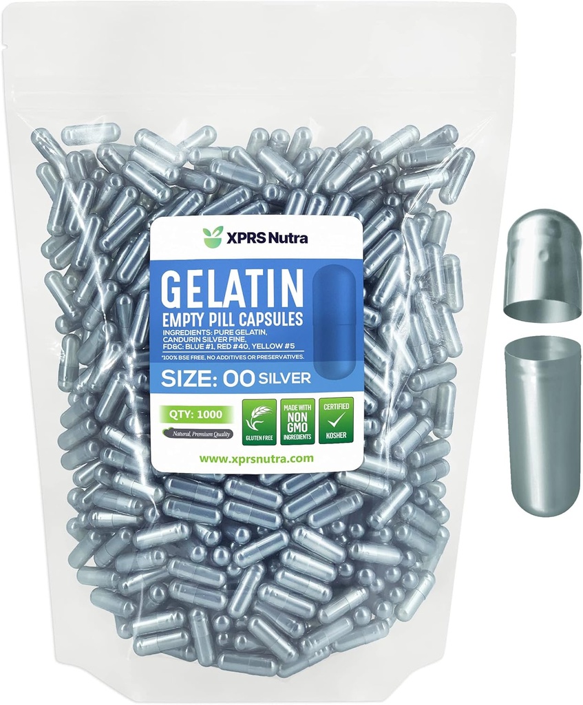 XPRS Nutra Størrelse 00 Tomme kapsler - 1000 Tomme Gelatine kapsler - Pille selv Kapsel Fyldning - Fyldelige piller Gel Caps for DIY Kosttilskud (sølv)