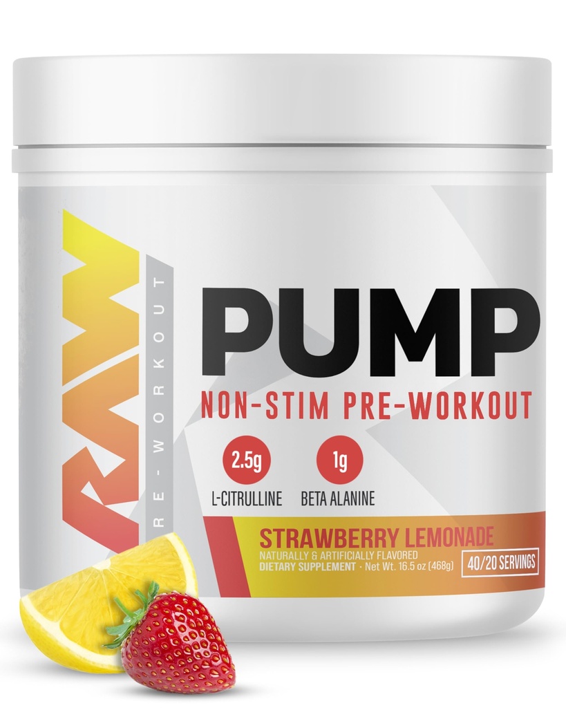 RAW Pump Stim Gratis Pre Workout (Strawberry Lemonade) - Ikke-Stimulant Pre Workout supplement Pulver Nitrooxid Booster - Pre Workout Kosttilskud drikke til under træning - 40 Servere