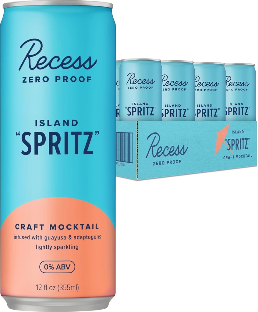 Recess Zero Proof Craft Mocktails, Alkohol gratis drikkevarer, med adaptogener, Non- Alkoholic Beverage Erstatning, Mixer, Celebration, Party, (Island Spritz, 12oz, Pack of 12)