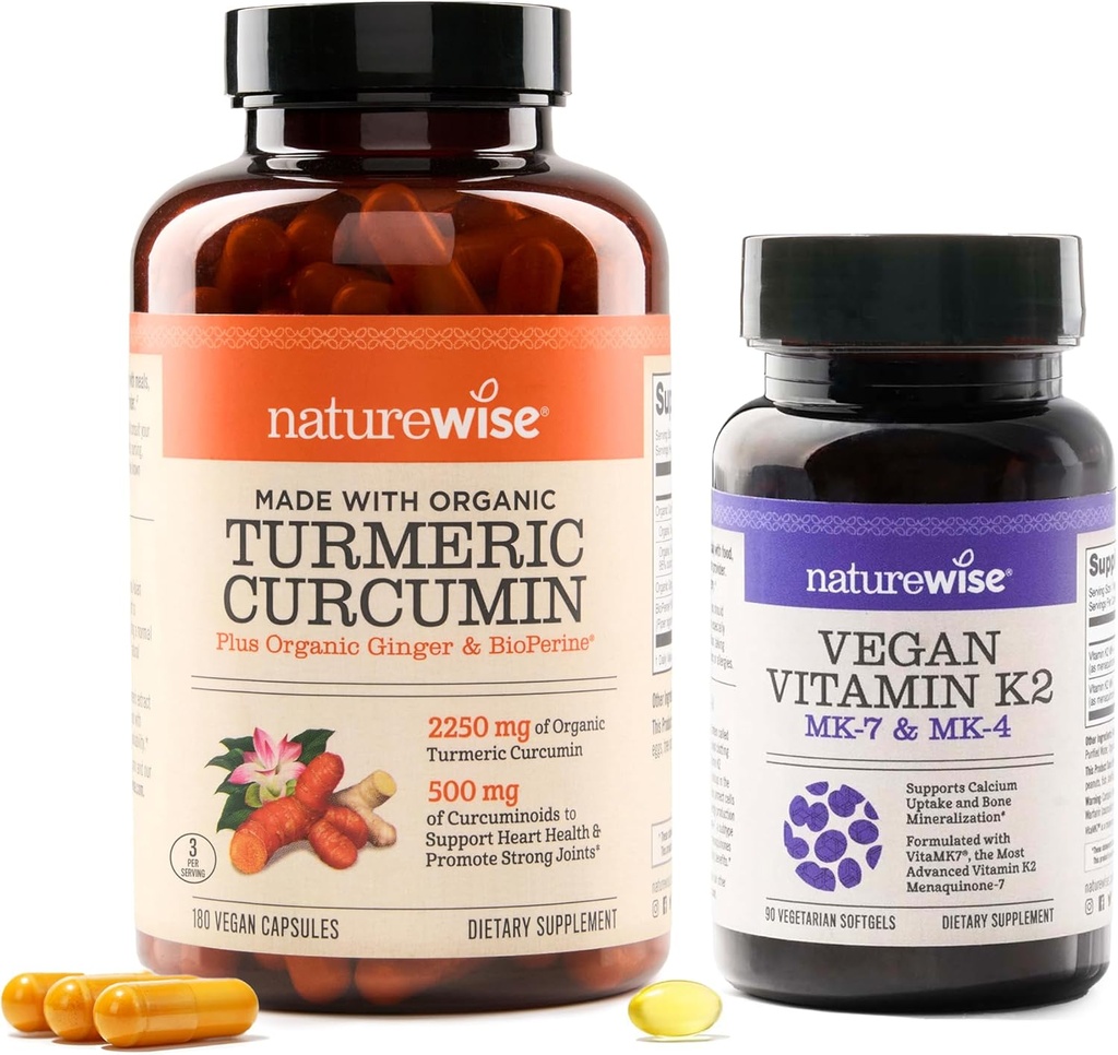 NatureWise Curcumin Gurkemeje 2250mg med BioPerine & Vegan Vitamin K2 MK- 7 100mcg og MK4 500mcg - 180 Greve & 90 Softgels