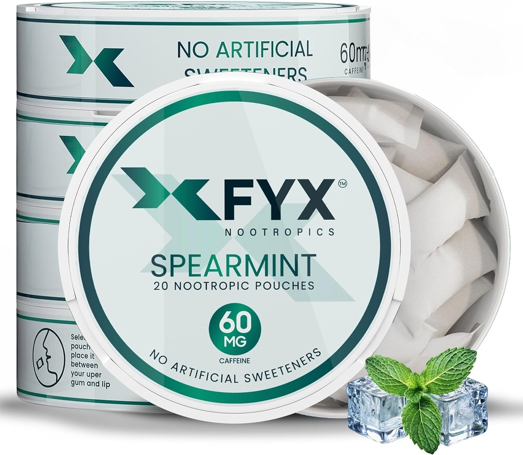 FYX Koffein Nootrope Pouches - Clean Energy & Focus med Alpha- GPC, L- Tyrosine & L- Theanine - 60mg Koffein Pouches - Sugar- Free Alpha Nootrope Pouches - 5- Pack (5- Count, Spearmint)