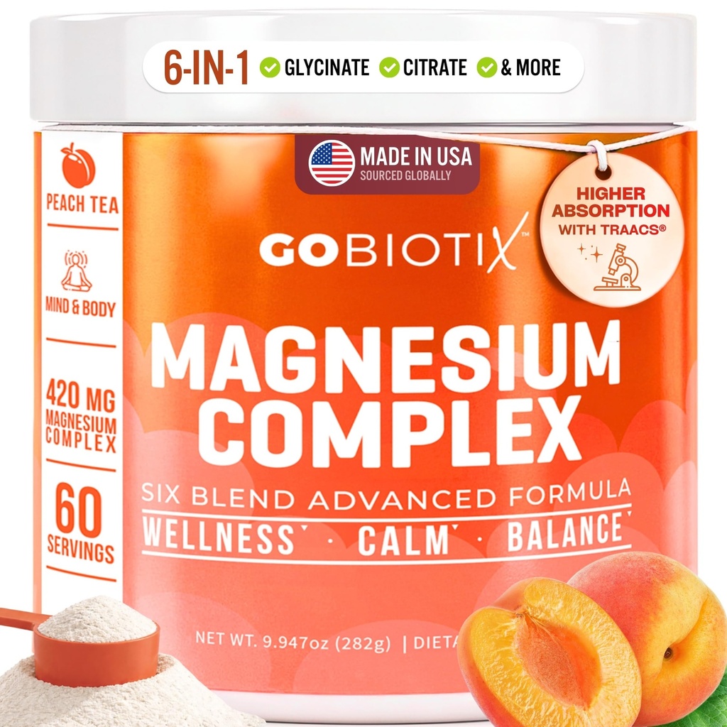 GoBiotix Magnesium Glycinat Pulver - Cortisol Kosttilskud til kvinder og mænd - Høj Absorption Magnesium Complex Calm tillæg med citrat, Malat - Sukker fri - 420 mg, 60 Servering - Peach Tea
