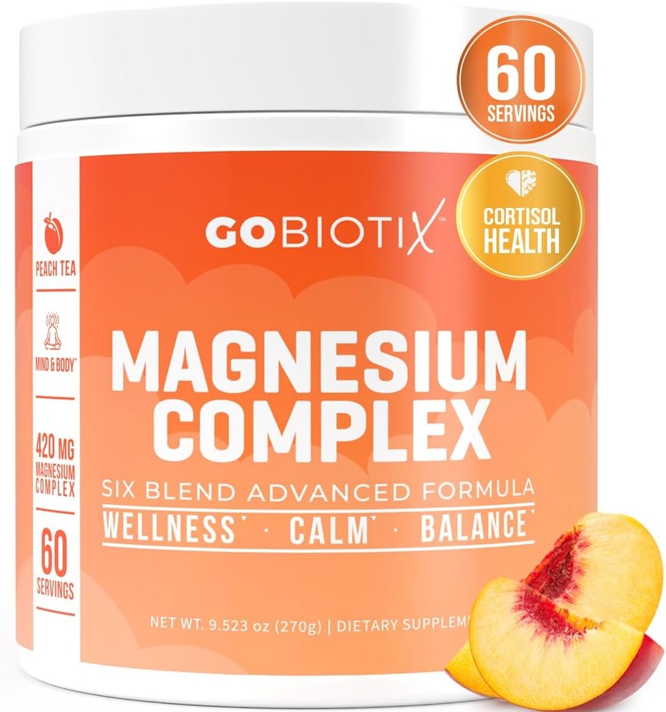 GoBiotix Magnesium Glycinat Pulver - Cortisol Kosttilskud til kvinder og mænd - Høj Absorption Magnesium Complex Calm tillæg med citrat, Malat - Sukker fri - 420 mg, 60 Servering - Peach Tea