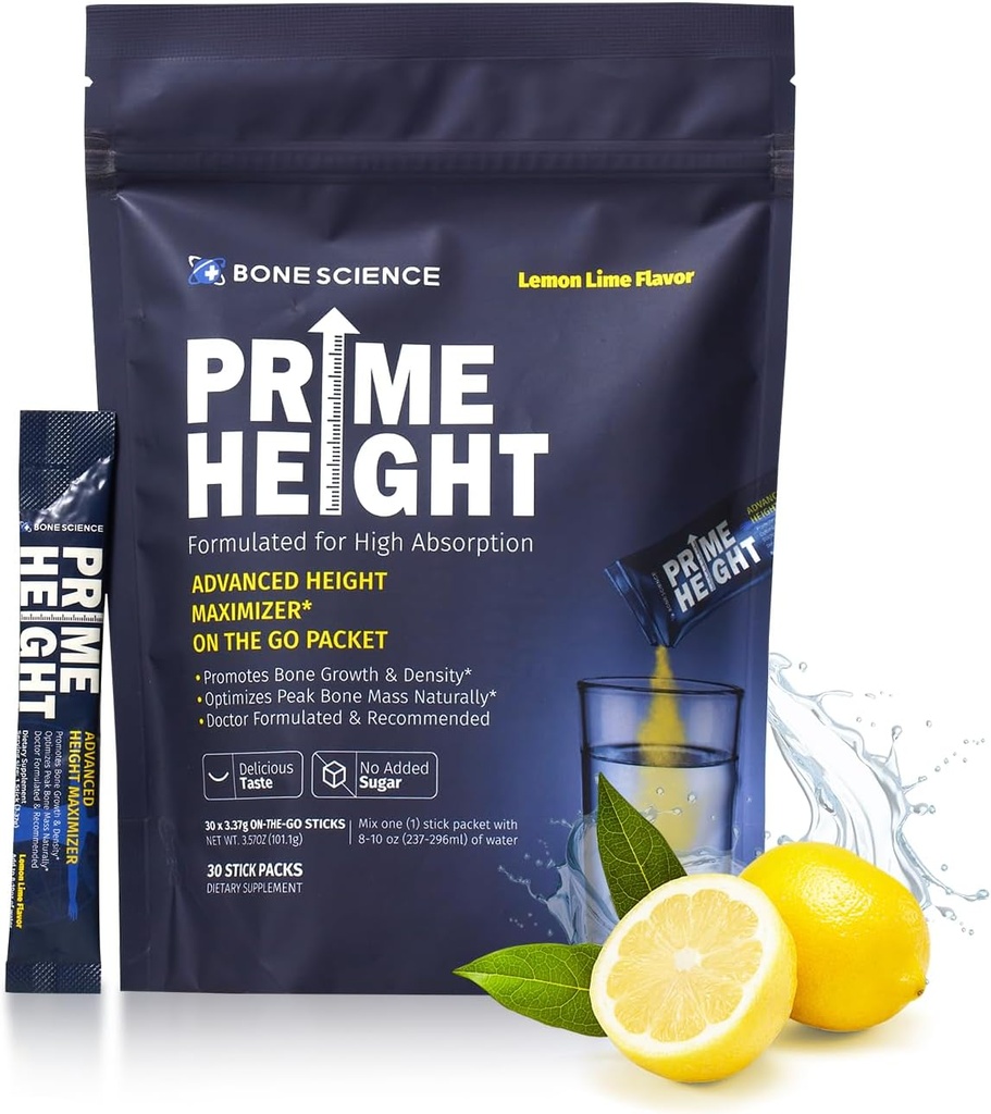 BONE VIDENSKAB - Prime Højde Mutivitamin Powder - Højde Development Drink Mix for Kids & Teens, Bone & Immun Support, Sugar- Free Lemon Lime Flavor, 30 sticks