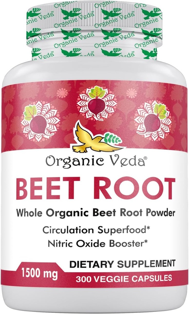 Organic Veda Beet Root Capsules 1500mg - 300 Beet Root Powder Kapsler med høj styrke Nitrater til støtte cirkulation, nitrogenoxid, energi, Endurance & Stamina - Non- GMO & Gluten- fri