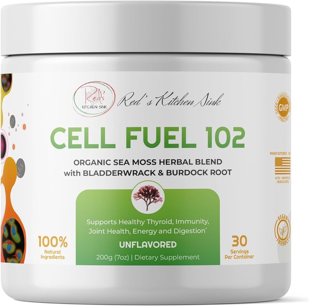 Red 's Kitchen Sink Cell Fuel 102 - Økologisk Sea Moss Pulver med Bladerwrack & Burdock Root Budd124; Dr. Sebi Inspireret Herbal Blend Budd124; Vegan, Natural, 30 Servere (7oz)
