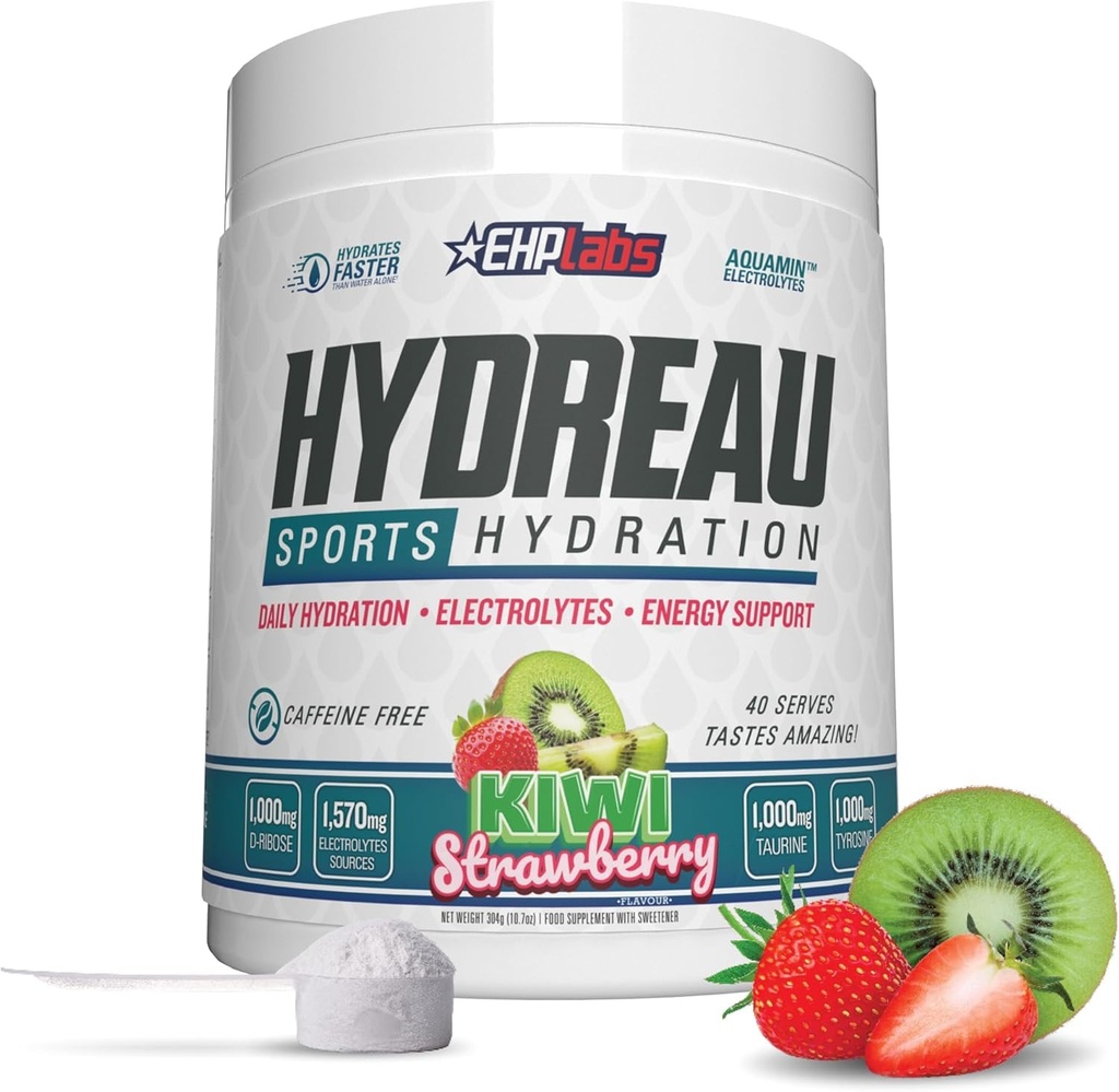 EHP Labs Hydreau Electrolytes Powder No Sugar - Hydration Powder for Endurance & Energy - Electrolyte Powder for mænd og kvinder - Sugar Free Electrolytes - Kiwi Strawberry (40 servere)