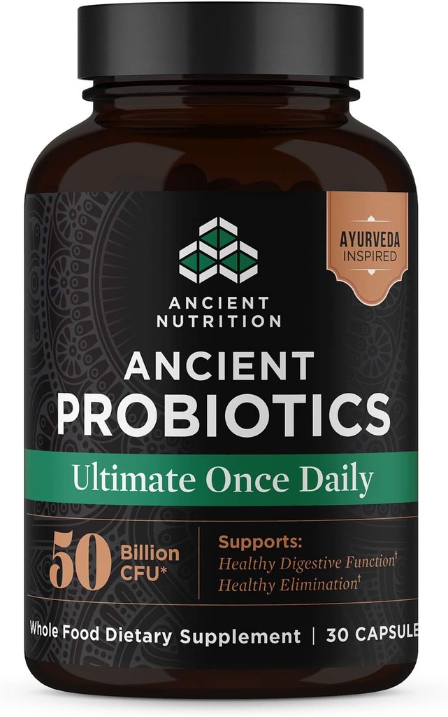 Ancient Nutrition Probiotika, Ultimate med gurkemeje, Ingefær og Fenugreek, Understøtter fordøjelsesfunktioner, Reducerer Diarré, Forstoppelse, Bloating, Superfoods Blend, 50 Millioner CFU 'er *, 30 Kapsler