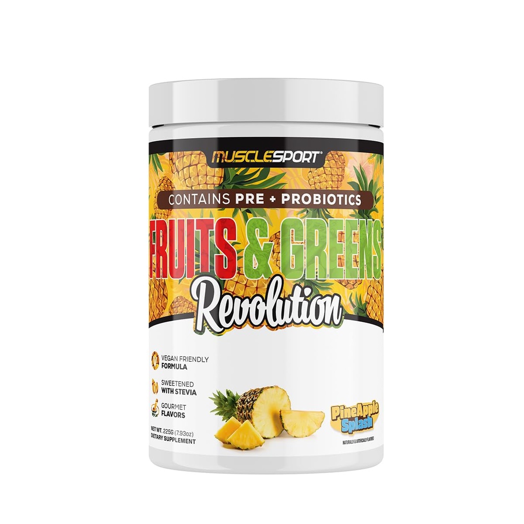 Musclesport Frugter & Grønne - Frugt, Vegetabilske og antioxidant supplement, herunder Hvede Græs og Spirulina, Tilføjet Fiber og Probiotika - 30 Servere (Ananas Splash)