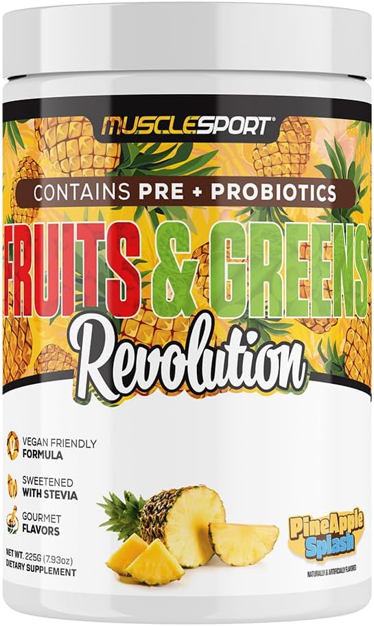 Musclesport Frugter & Grønne - Frugt, Vegetabilske og antioxidant supplement, herunder Hvede Græs og Spirulina, Tilføjet Fiber og Probiotika - 30 Servere (Ananas Splash)