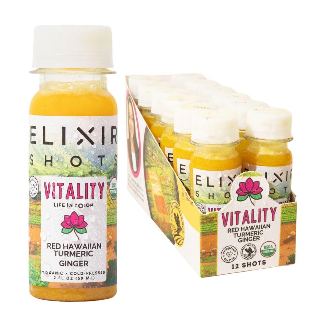 Elixir Shots, Vitality Immunity Wellness Shot med 100% økologiske ingredienser, Cold- Pressed Red Hawaiian Turmerisk, Peruvian Ingefær, Ananas og Black Pepper, Ingen sukker eller kunstige tilsætningsstoffer, 12 Pack