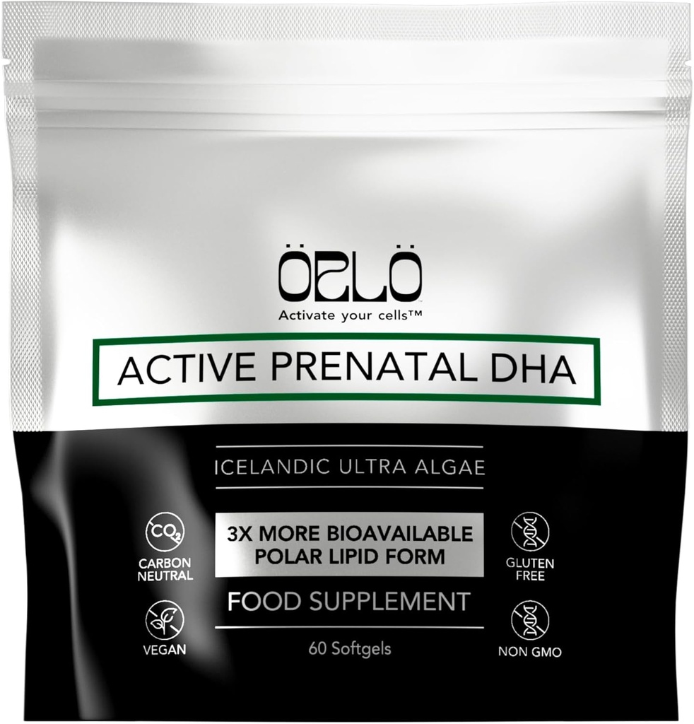 Orlo PRENATAL DHA - Prenatal DHA Omega 3 Supplement - Triple Strength Omega3s - Vegan DHA & EPA - Alger Omega-3 Oil - Understøtter hjernens udvikling under graviditet og amning (60 Mini Softgels)