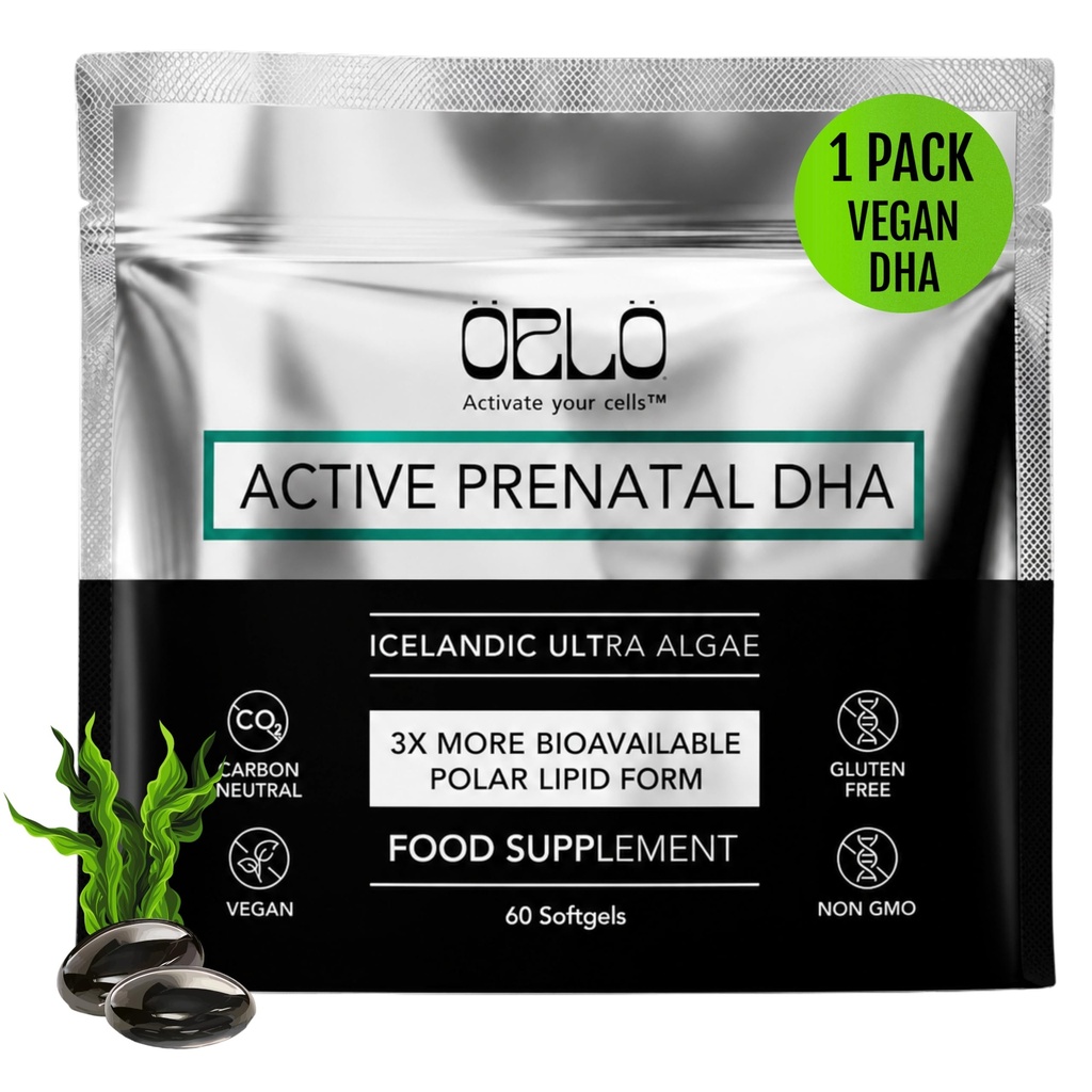 Orlo PRENATAL DHA - Prenatal DHA Omega 3 Supplement - Triple Strength Omega3s - Vegan DHA & EPA - Alger Omega-3 Oil - Understøtter hjernens udvikling under graviditet og amning (60 Mini Softgels)