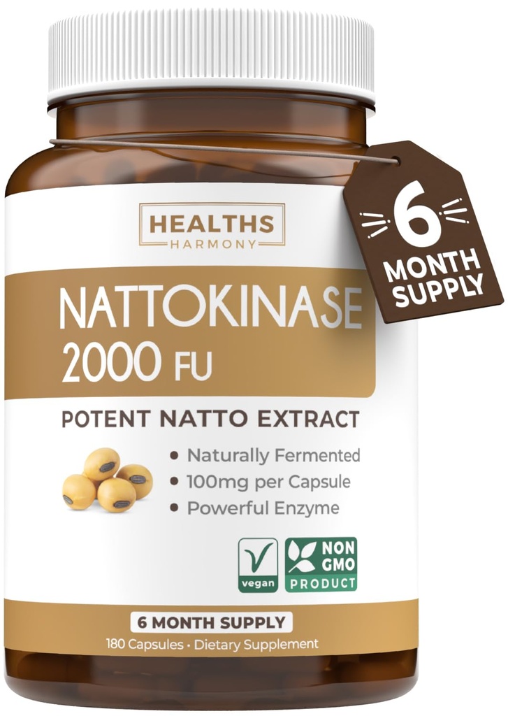 Healths Harmony Natokinase 2000 FU (non-GMO) Kraftfuld Natokinase supplement fremstillet af naturligt fermenterede sojabønner - (6 måneders forsyning) 180 Vegan Nato kapsler