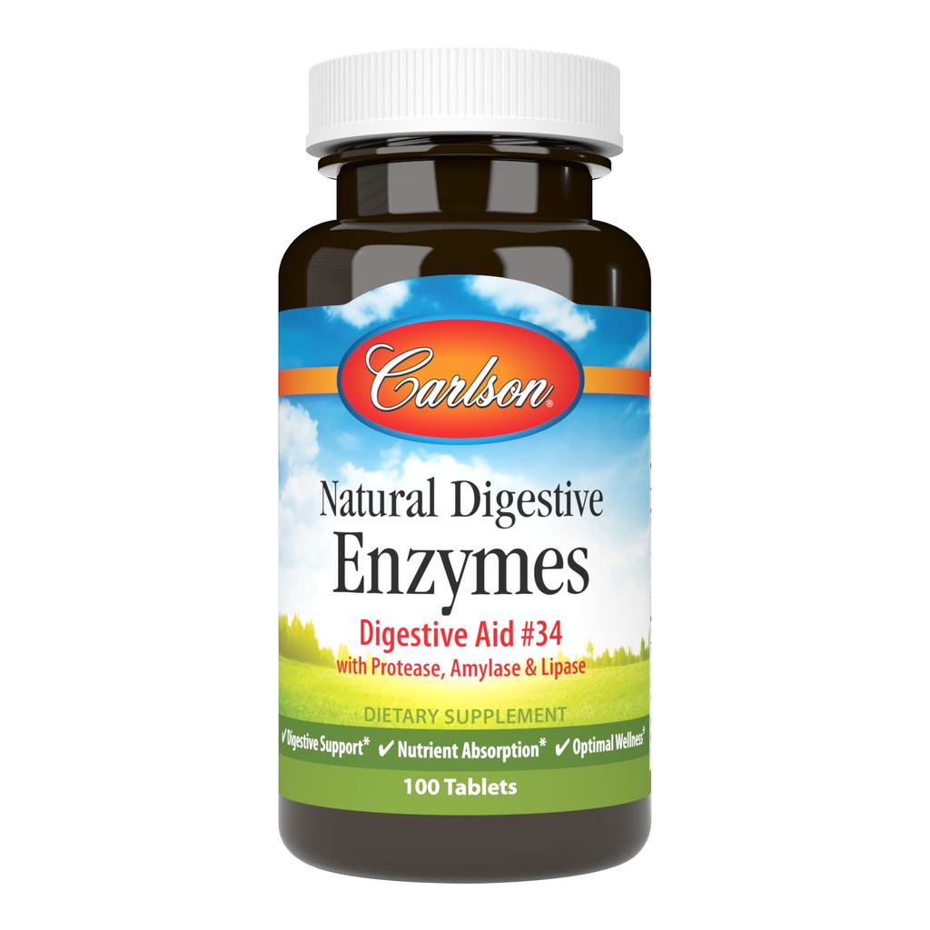 Carlson - Naturlige fordøjelsesenzymer, fordøjelsesstøtte # 34 med protease, Amylase & Lipase, fordøjelsesstøtte, næringsstofabsorption og optimal wellness, 100 tabletter
