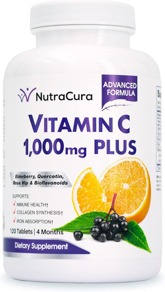 Immunitet C 1000mg med Elderberry, Quercetin, Bioflavonoider, Rose Hips, Rutin - 4 Måneder Supply, 120 tabletter - Immunsystemet Support