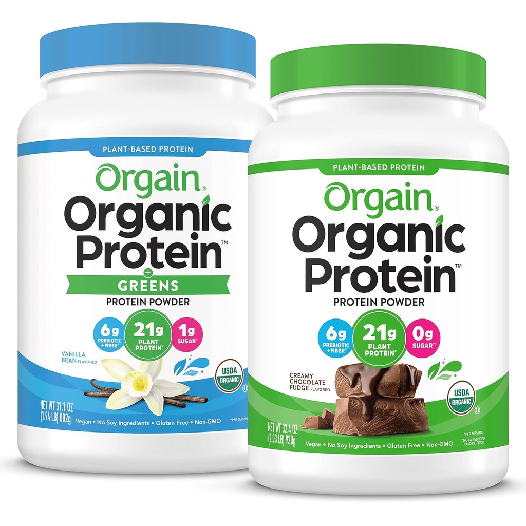 Orgain Organic Vegan Protein Powder + Greens, Vanilla Bean - 21g Plant Protein, Gluten Free, Dairy Free, Lactose Free, Soy Free, No Sugar Added, With Iron & Prebiotics for Gut Health - 1.94lb Medical 124; Orgain Organic Vegan Protein Powder, Creamy Chocolate Fudge - 21g Plant Based Protein, Gluten Free, Dairy Free, Lactose Free, Soy Free, No Sugar Added, Kosher, For Smoothies & Shakes - 2.03lb