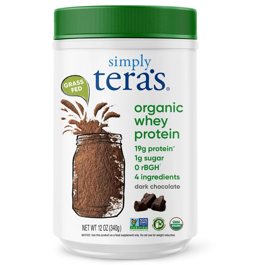 Simply tera 's Organic Whey Protein Powder - Græs Fed Whey Protein Powder uden kunstige sødestoffer, ren, ikke-GMO, Glutenfri - mørk chokolade, 12 Oz