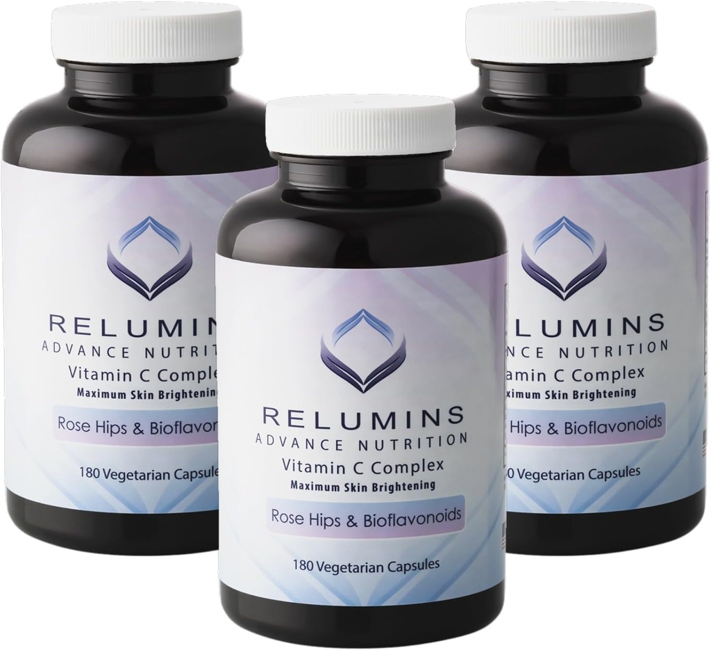 Reluminer Avanceret C-vitamin tillæg med Rose HIPS - 1000 mg C-vitamin, immunforsvar & kollagen produktion, Lavet i USA - 180 kapsler x 3 flasker (9-måned Supply)
