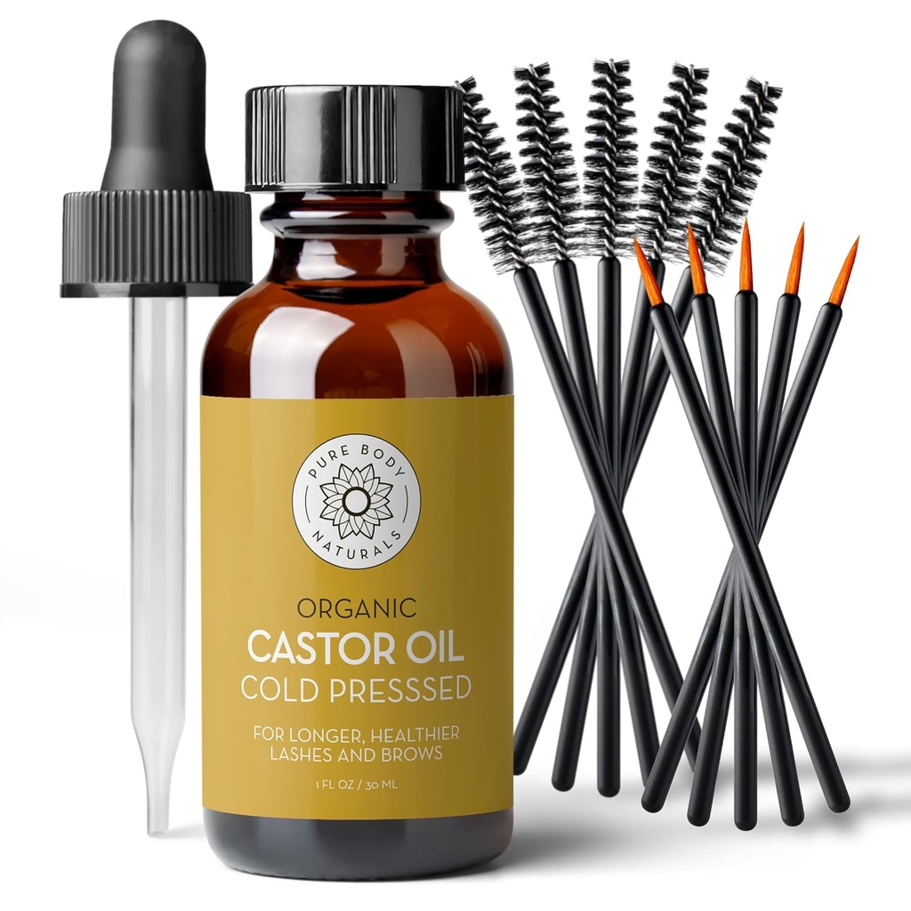Pure Body Naturals Castor Oil for Eyelashes and Eyebrows - 1 Fl Oz Nourishing Brow & Lash Growth Serum - Organic, Hexane Free, Cold Pressed, Unrefined - Eyelash and Eyebrow Growth Serum for Women