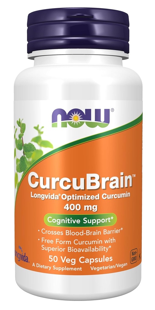 Now Supplements, CurcuBrain ™ 400 mg med Longvida ® Optimeret Curcumin, 50 Veg Kapsler
