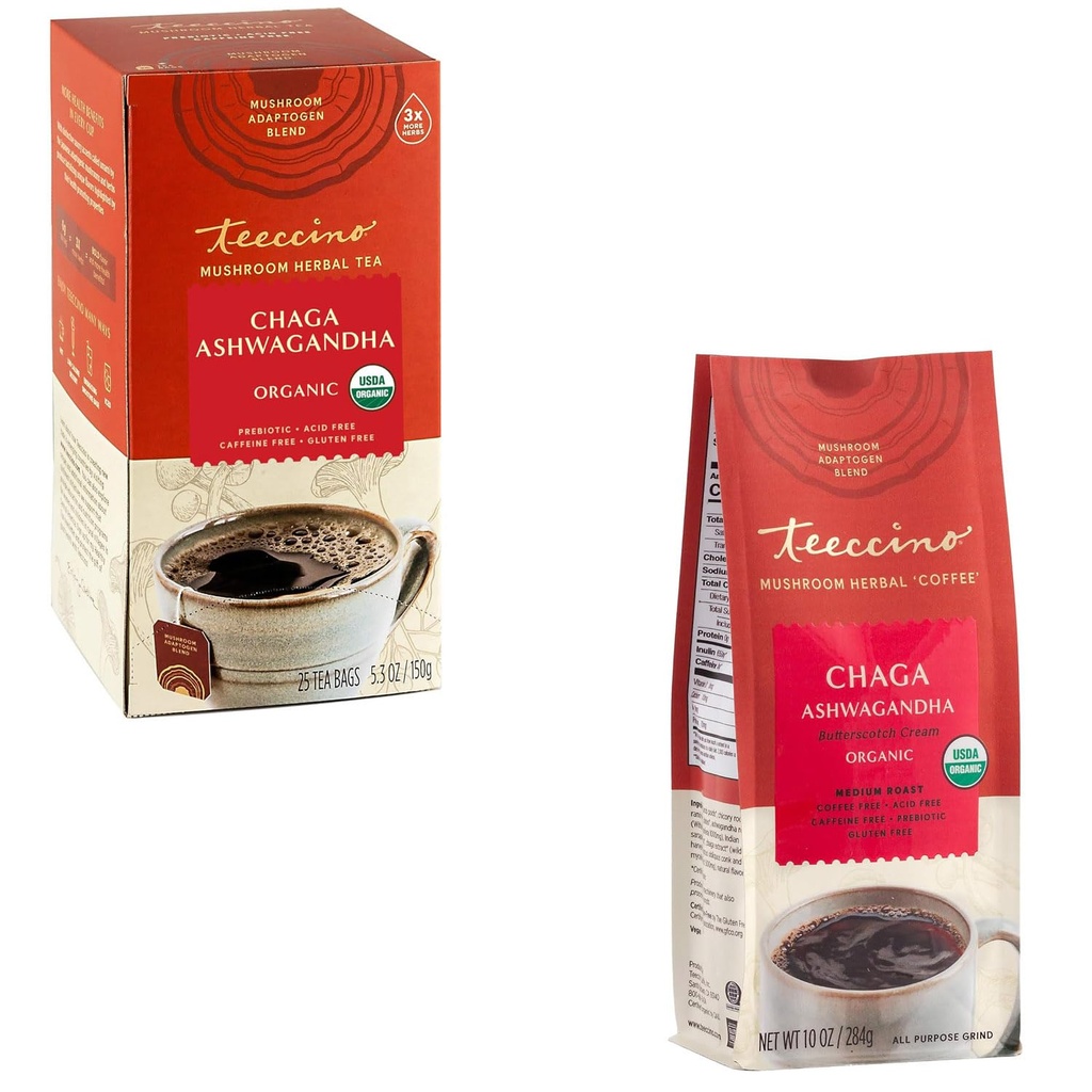 Teeccino Chaga Ashwagandha Tea & Chaga Ashwagandha Kaffe Alternativ Bundled Collection, Butterscotch Cream, Koffein fri & syre fri, Adaptogen Herbal Mushroom kaffe