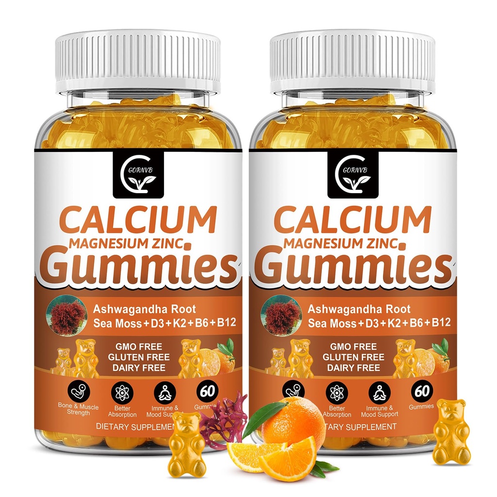 1200mg Calcium Gummies with Vitamin D3,K2,B12 & B6 - Plant Complex Calcium Magnesium Supplement with Glycinate,Potassium,Sea Moss,Ashwagandha Root for Bone & Teeth Strength, Muscle & Immune-2 Pack